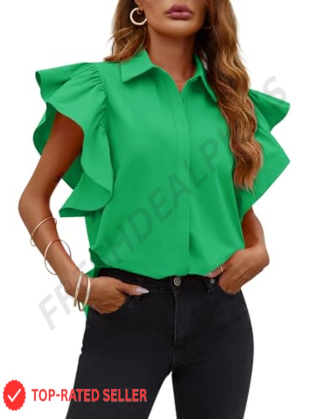 Womens Ruffle Short Sleeve Button Down Blouse